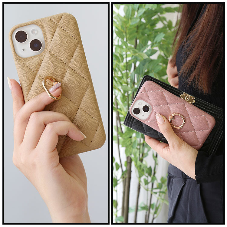 【ショルダーストラッププレゼント】 背面リング付き|キルティング柄 iPhoneケース
