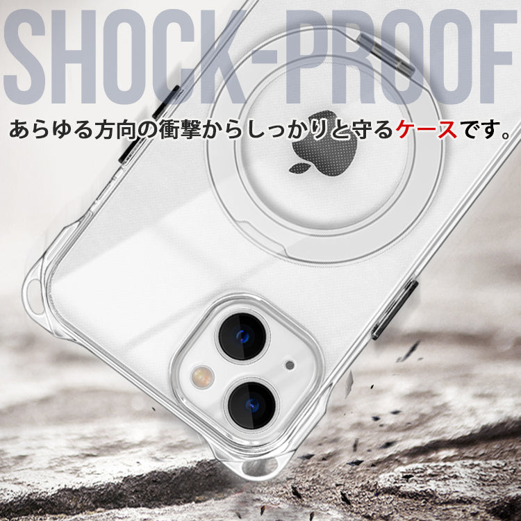 【Magsafe対応360°回転リングスタンドセット】4つ角ホール付きクリアケース　iPhoneケース