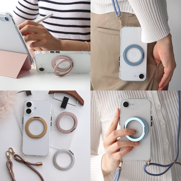 【Magsafe対応360°回転リングスタンドセット】4つ角ホール付きクリアケース　iPhoneケース