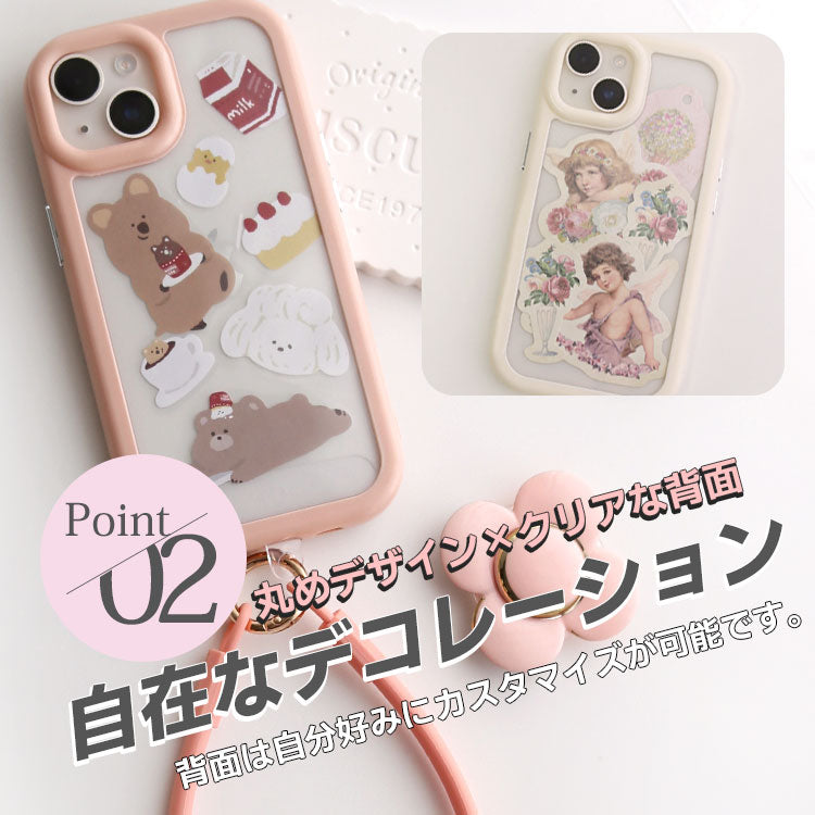 リボンハンドストラップ付き｜くすみカラー｜背面クリアiPhoneケース