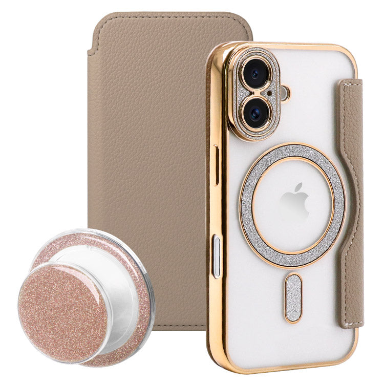 Magsafe対応手帳型iPhoneケース｜薄型グリッターグリップ付きセット