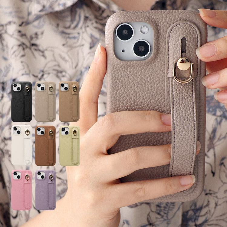 【ショルダーストラッププレゼント】【背面ベルト付き】本革風レザーiPhoneケース｜大人くすみカラー全8色・スタンド＆落下防止ベルト付き