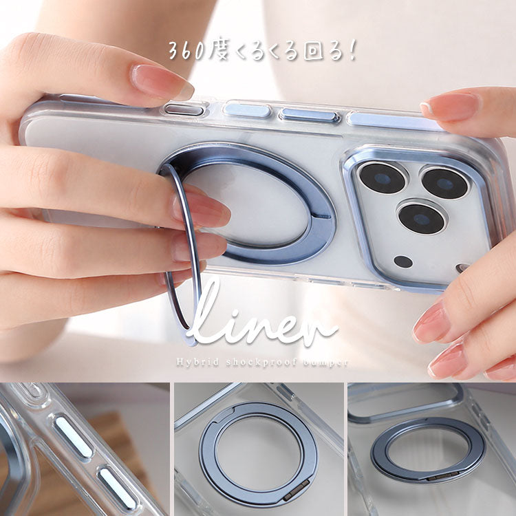 MagSafe対応 360度回転 リング付き スタンド内蔵 クリア iPhone ケース