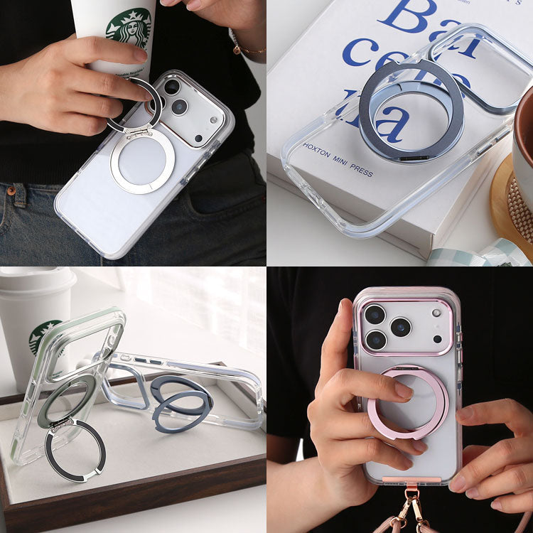 MagSafe対応 360度回転 リング付き スタンド内蔵 クリア iPhone ケース