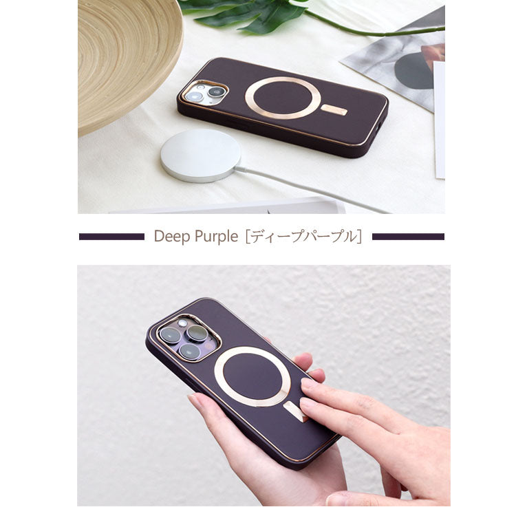 MagSafe対応】｜エレガントなゴールドライン×PUレザーiPhoneケース