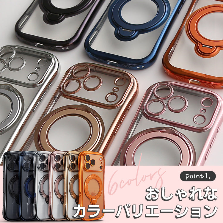 MagSafe対応 360度回転 リング付き スタンド内蔵 クリア iPhone ケース