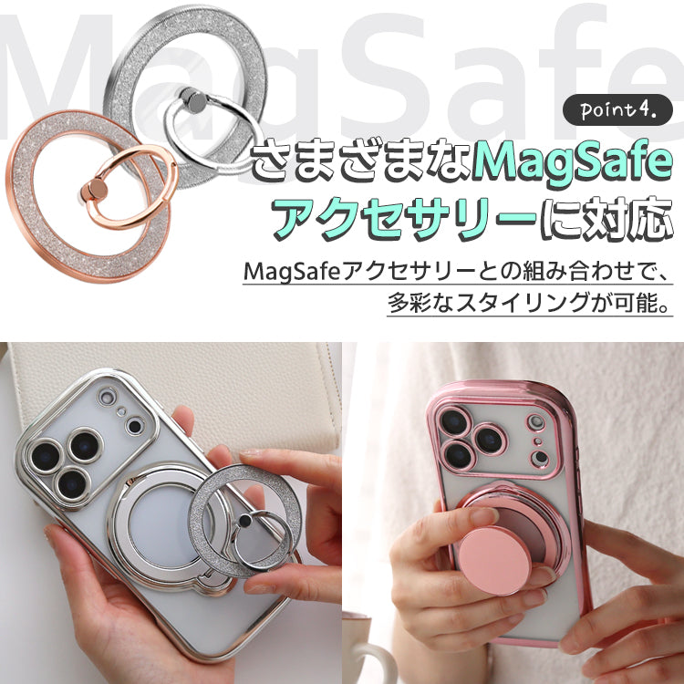 MagSafe対応 360度回転 リング付き スタンド内蔵 クリア iPhone ケース