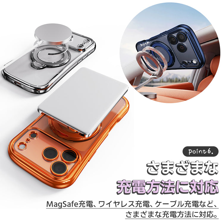 MagSafe対応 360度回転 リング付き スタンド内蔵 クリア iPhone ケース