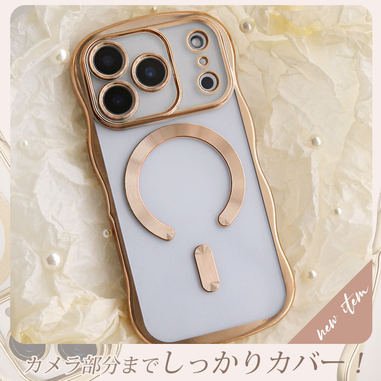 【選べるスマホリング】メタリックウェーブデザイン｜7色メタルカラーエッジ×背面透明TPU｜MagSafe対応 iPhoneケース