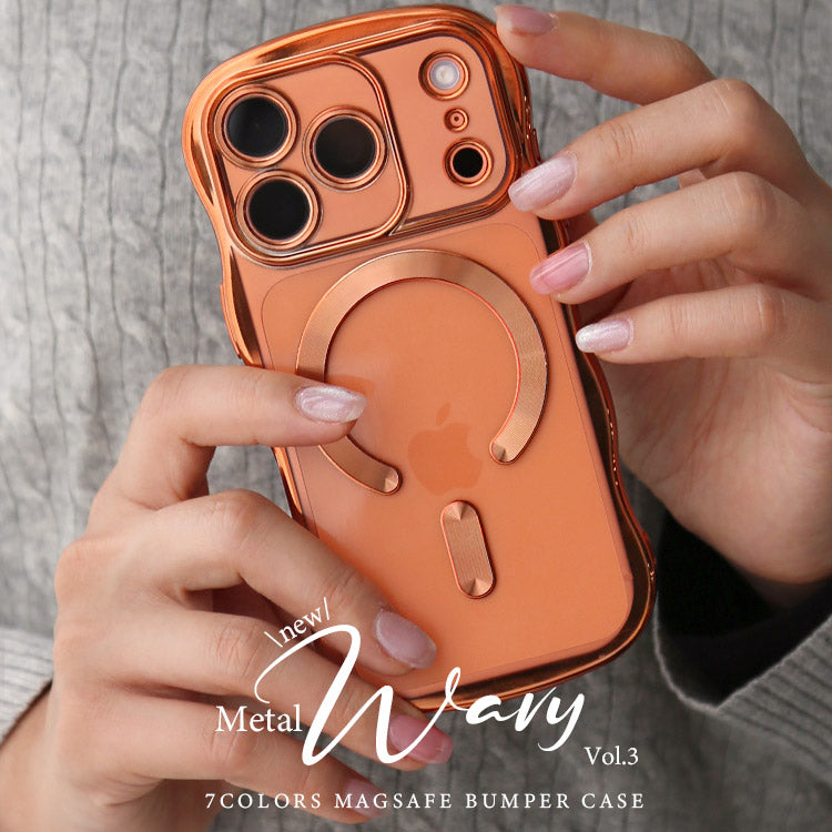 【選べるスマホリング】メタリックウェーブデザイン｜7色メタルカラーエッジ×背面透明TPU｜MagSafe対応 iPhoneケース