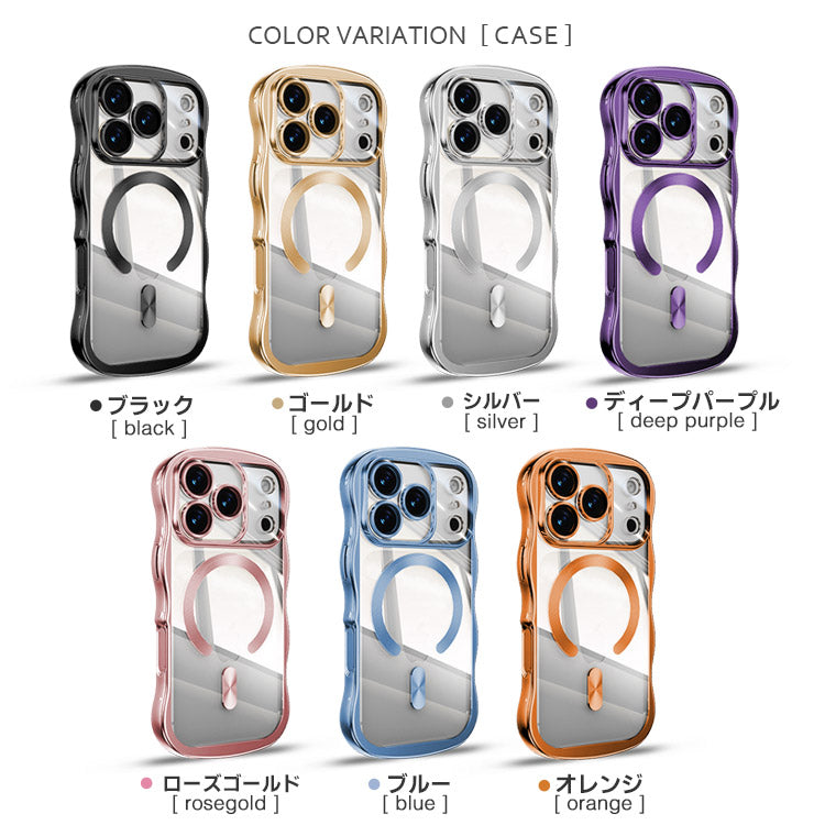 【選べるスマホリング】メタリックウェーブデザイン｜7色メタルカラーエッジ×背面透明TPU｜MagSafe対応 iPhoneケース