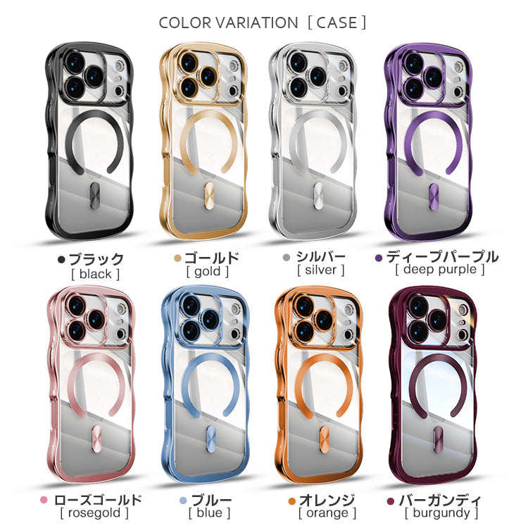 【選べるスマホリング】メタリックウェーブデザイン｜7色メタルカラーエッジ×背面透明TPU｜MagSafe対応 iPhoneケース