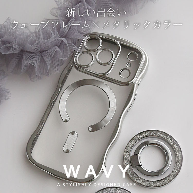 【選べるスマホリング】メタリックウェーブデザイン｜7色メタルカラーエッジ×背面透明TPU｜MagSafe対応 iPhoneケース