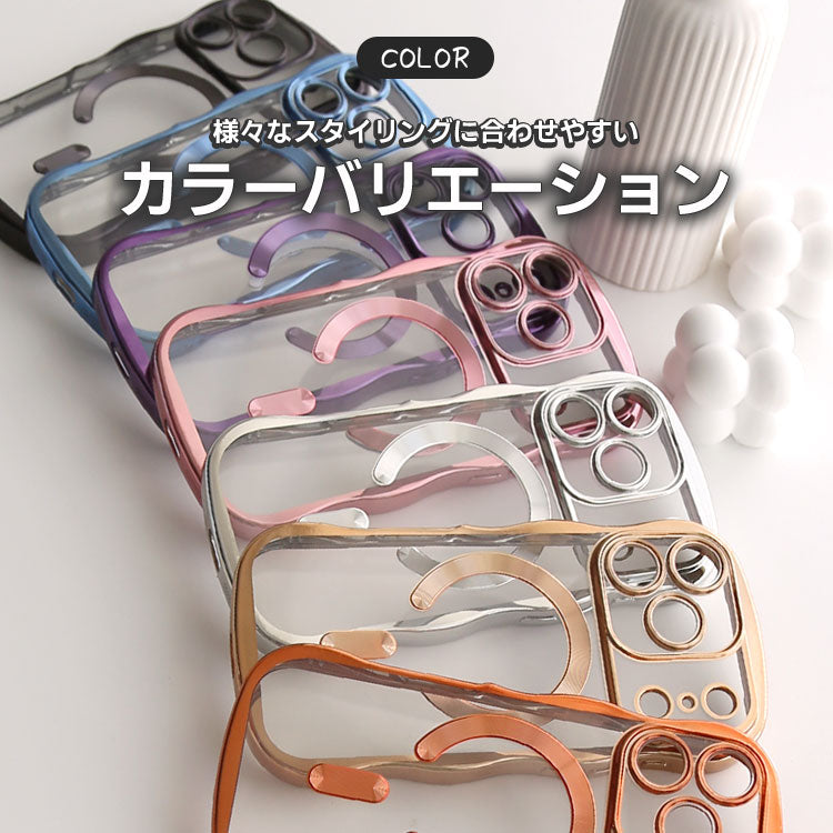 【選べるスマホリング】メタリックウェーブデザイン｜7色メタルカラーエッジ×背面透明TPU｜MagSafe対応 iPhoneケース