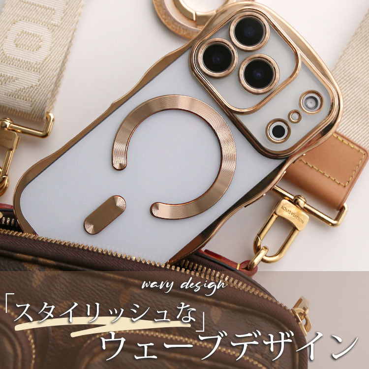 【選べるスマホリング】メタリックウェーブデザイン｜7色メタルカラーエッジ×背面透明TPU｜MagSafe対応 iPhoneケース