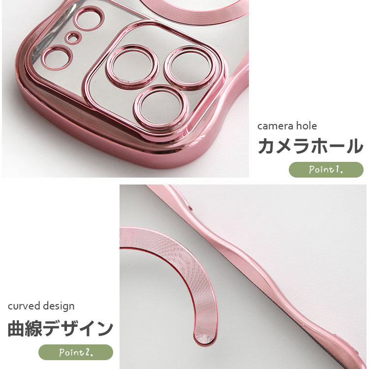 【選べるスマホリング】メタリックウェーブデザイン｜7色メタルカラーエッジ×背面透明TPU｜MagSafe対応 iPhoneケース