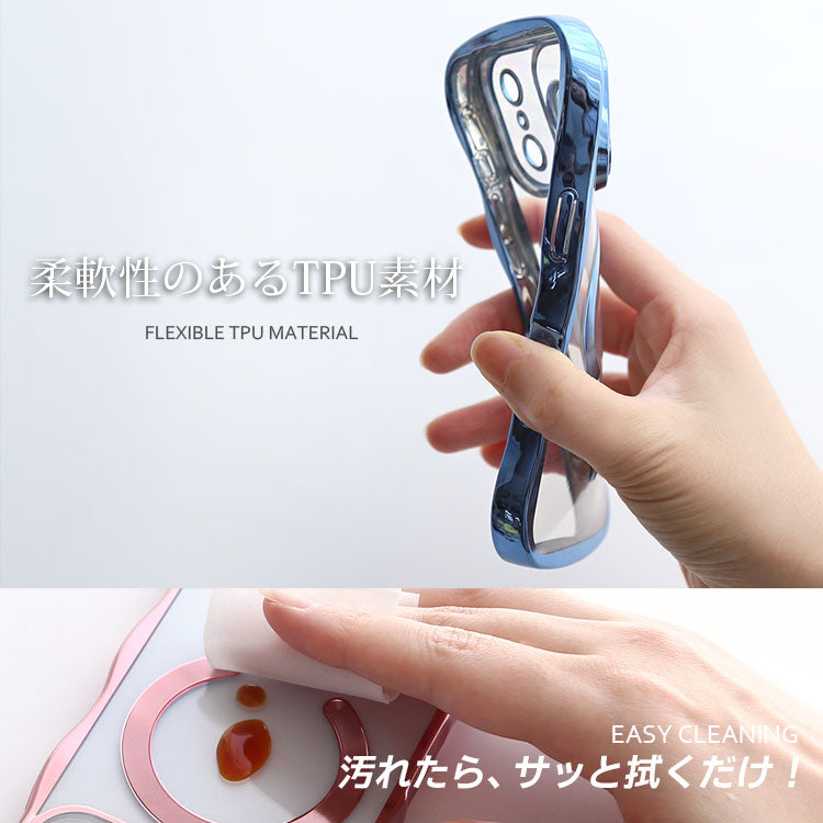 【選べるスマホリング】メタリックウェーブデザイン｜7色メタルカラーエッジ×背面透明TPU｜MagSafe対応 iPhoneケース