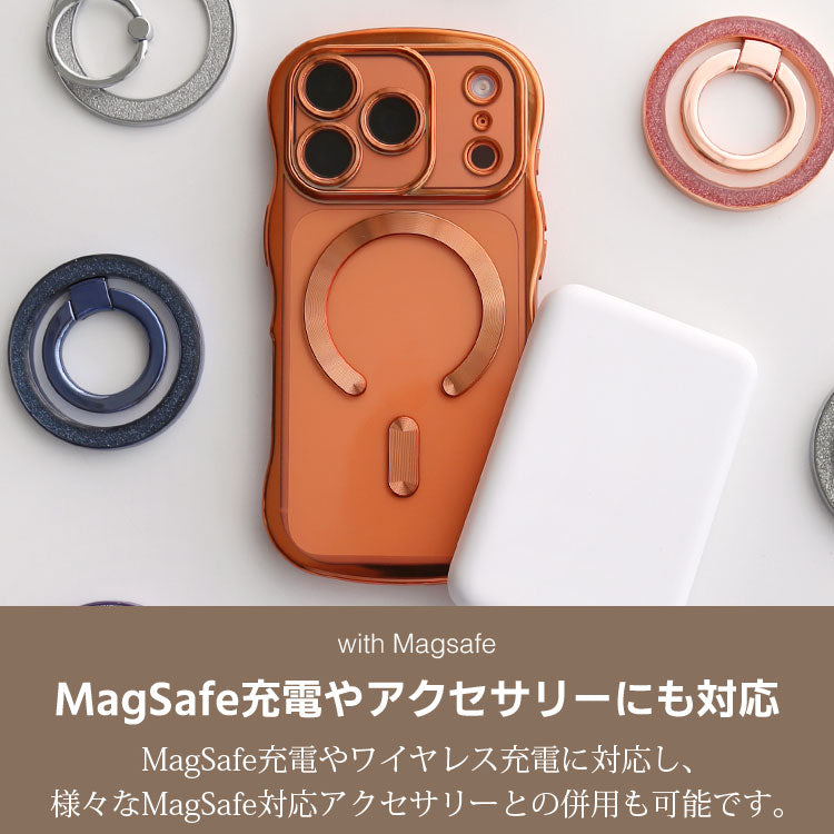 【選べるスマホリング】メタリックウェーブデザイン｜7色メタルカラーエッジ×背面透明TPU｜MagSafe対応 iPhoneケース