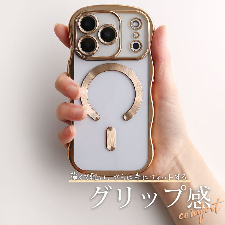 【選べるスマホリング】メタリックウェーブデザイン｜7色メタルカラーエッジ×背面透明TPU｜MagSafe対応 iPhoneケース
