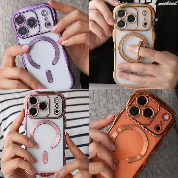 【選べるスマホリング】メタリックウェーブデザイン｜7色メタルカラーエッジ×背面透明TPU｜MagSafe対応 iPhoneケース