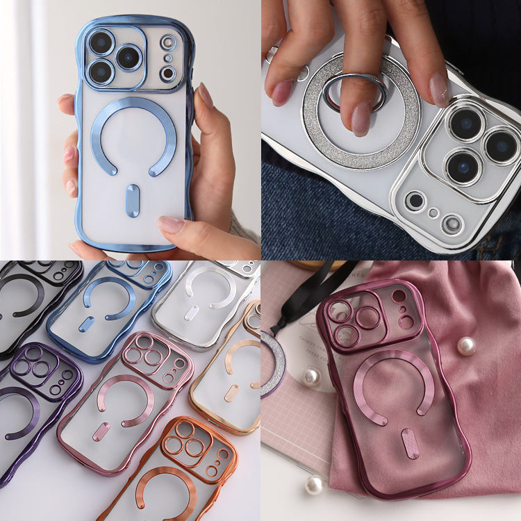 【選べるスマホリング】メタリックウェーブデザイン｜7色メタルカラーエッジ×背面透明TPU｜MagSafe対応 iPhoneケース