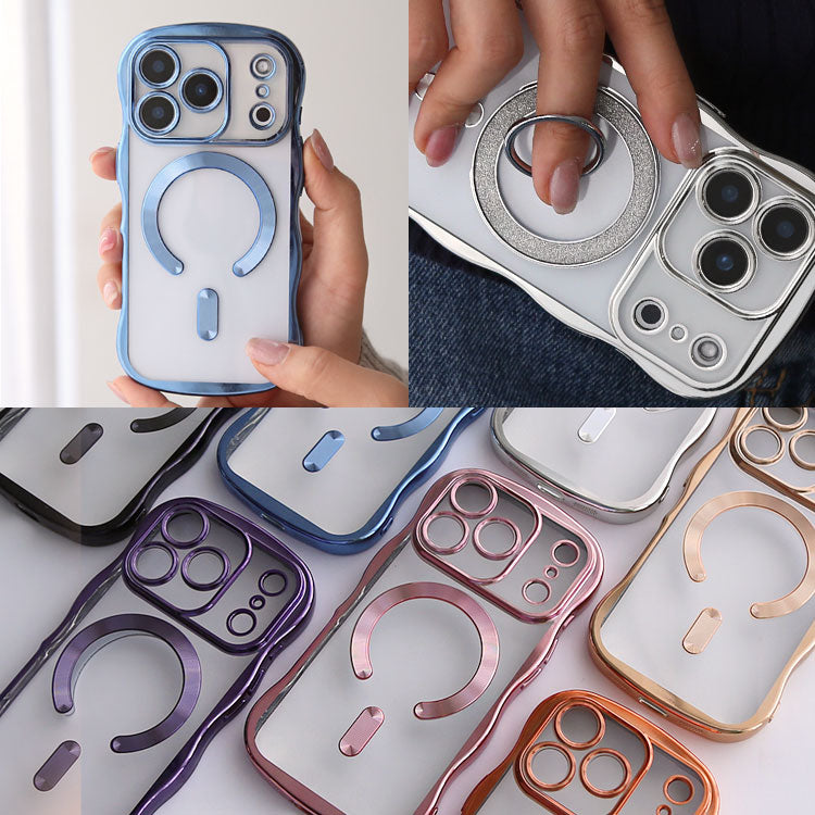 【選べるスマホリング】メタリックウェーブデザイン｜7色メタルカラーエッジ×背面透明TPU｜MagSafe対応 iPhoneケース