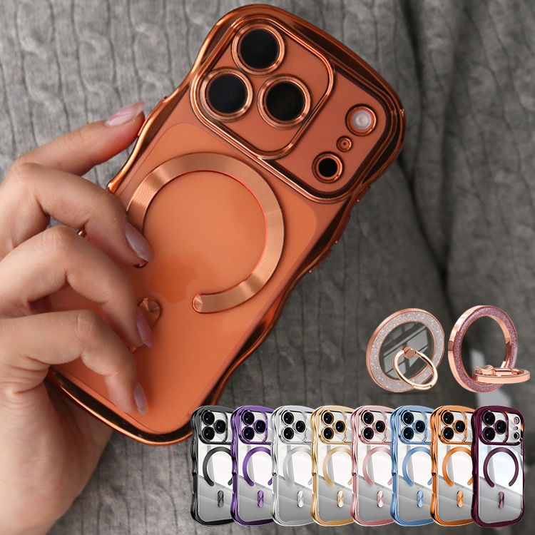 【選べるスマホリング】メタリックウェーブデザイン｜7色メタルカラーエッジ×背面透明TPU｜MagSafe対応 iPhoneケース