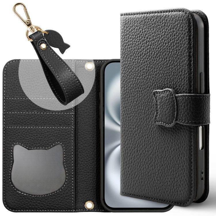 猫デザイン】 手帳型iPhoneケース｜くすみカラー＆ストラップ