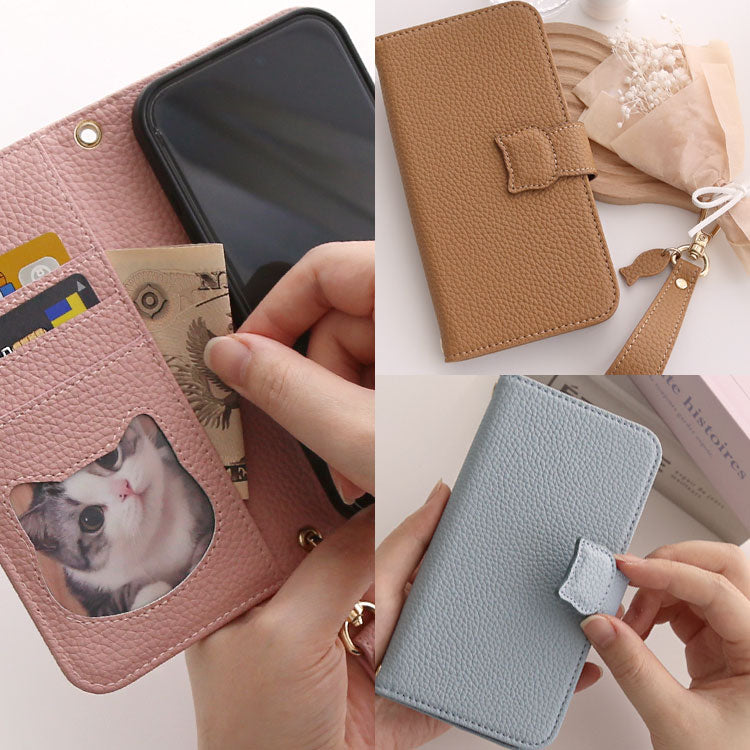 【猫デザイン】耐衝撃＆カード収納｜手帳型 iPhoneケース｜フィンガーストラップ付きスマホケース[iPhone17/16/15/13/14シリーズ]