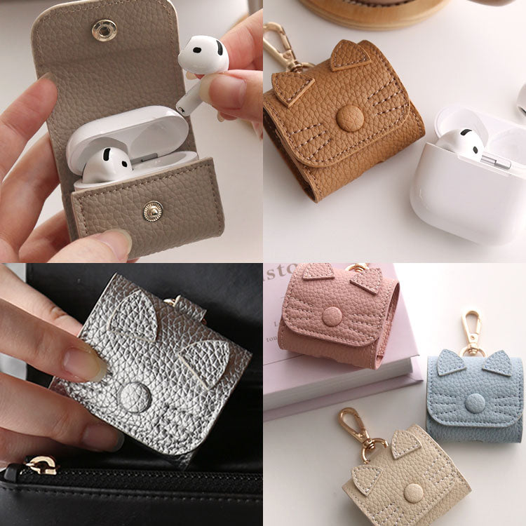 猫耳 AirPodsケース｜くすみカラー 全10色｜PUレザー・カラビナ付き・傷防止