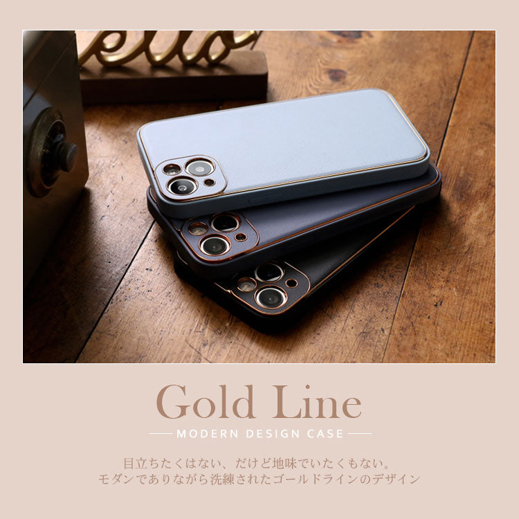 【ショルダーストラッププレゼント】ゴールドライン｜シンプルエレガンス プレミアム PUレザー iPhoneケース[iPhone12/11/SEシリーズ]