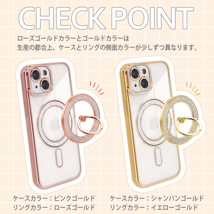 【ショルダーストラッププレゼント】MagSafe対応 ｜クリアタイプのきらめく360度回転リング付きiPhoneケース