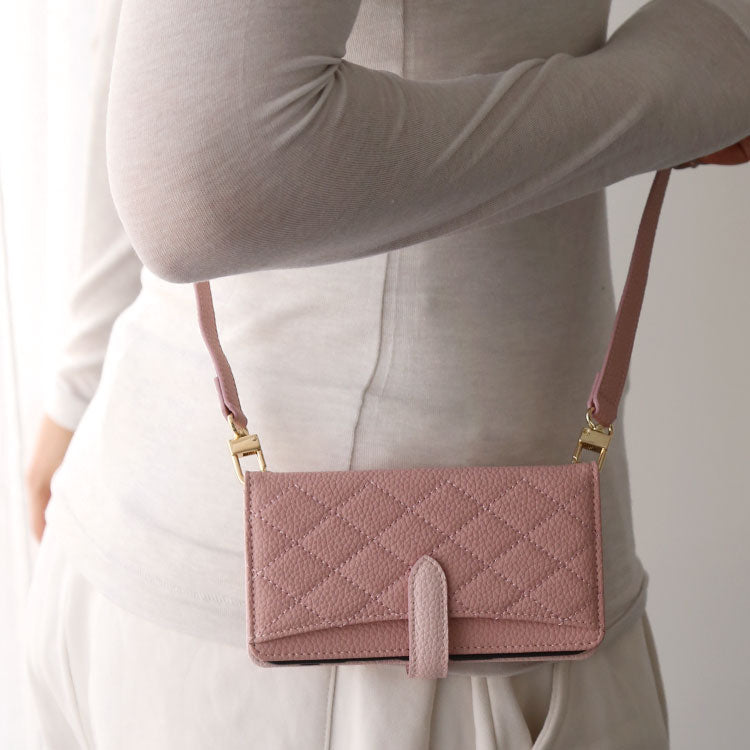 【ショルダーストラップ付き】 ベルト付き｜カード収納｜キルティング柄｜手帳型 iPhoneケース