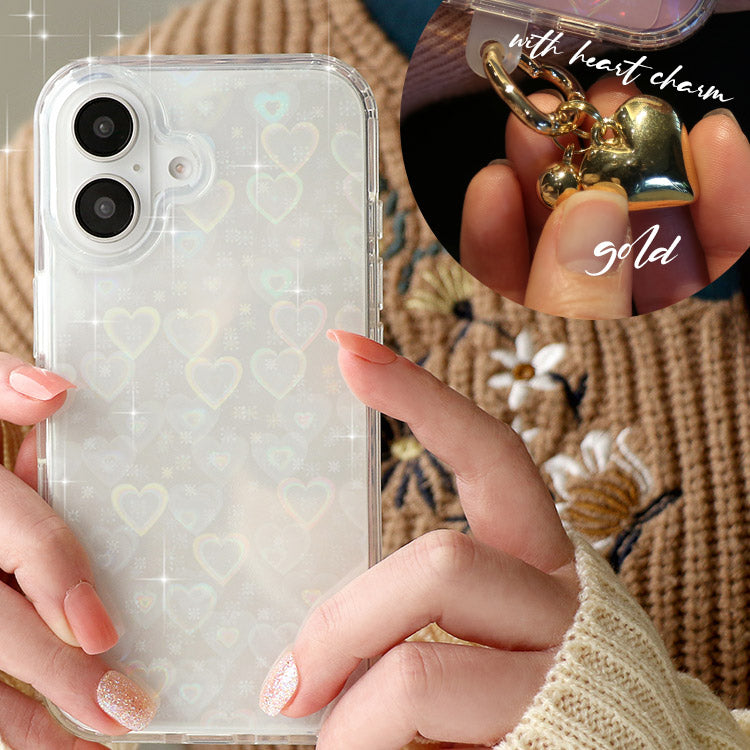 インナーシート・チャーム付きハートホログラムクリアiPhoneケース