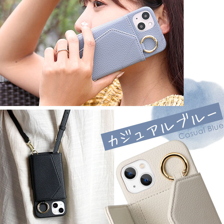 ショルダーストラップ＆背面収納付き｜ミラー内蔵くすみカラーiPhone